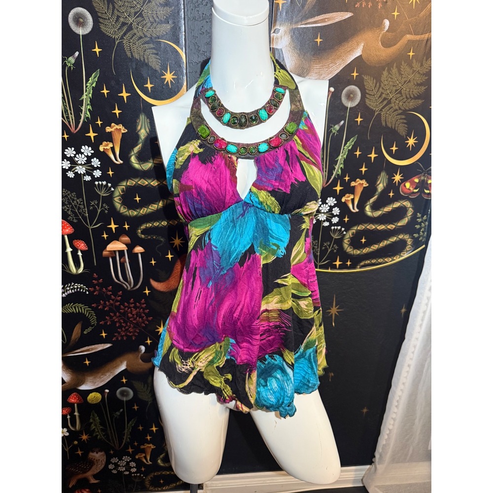 Venus Halter Top Womens Small Floral Beaded Neckline Keyhole Tropical Pink Blue